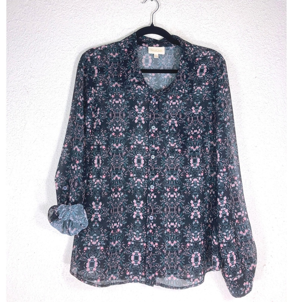 ModCloth Floral Damask Sheer Chiffon Button Down Blouse Black Pink Teal Large